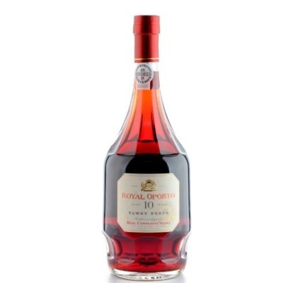 Garrafa de vinho do Porto Royal Oporto 10 anos Tawny Porto com rótulo e tampa vermelha