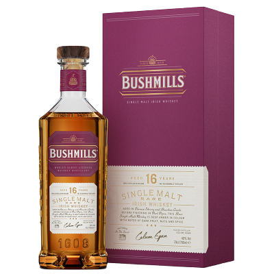 Garrafa de whisky Bushmills Single Malt Irish Whiskey de 16 anos e caixa roxa