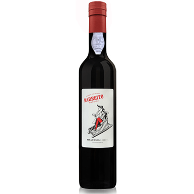 Garrafa de vinho Madeira Barbeito Malvasia Líberty com rótulo branco e tampa vermelha