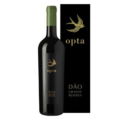 Vinho tinto Opta Dão Grande Reserva com embalagem preta e símbolo de andorinha dourada.
