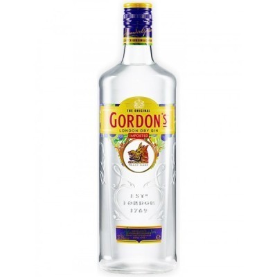 Garrafa de gin Gordon's London Dry Gin com rótulo amarelo e azul