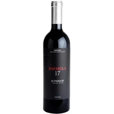 Garrafa de vinho tinto Bafarela 17 Superior com rótulo preto e cápsula prateada