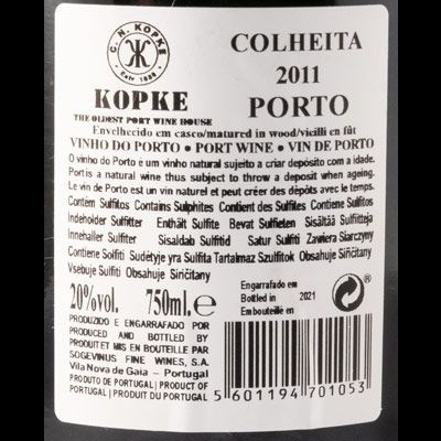 Etiqueta de vinho do Porto Kopke Colheita 2011 com texto informativo em preto e branco