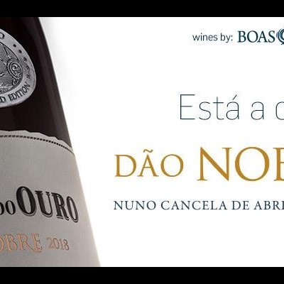 Garrafa de vinho Fonte do Ouro Dão Nobre 2018 com texto publicitário ao lado