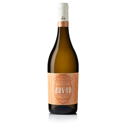 Garrafa de vinho branco ARVAD Algarve com rótulo laranja e cápsula branca