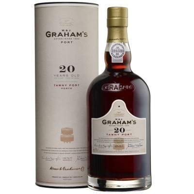 Garrafa de vinho do Porto Graham's 20 anos e embalagem cilíndrica creme