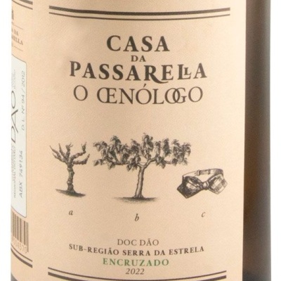Rótulo de garrafa de vinho com texto e ilustrações de árvores e uvas