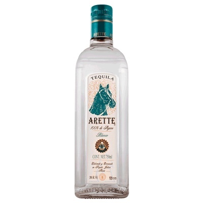 Garrafa de tequila Arette Blanco de 750 ml com rótulo branco e imagem de cavalo verde