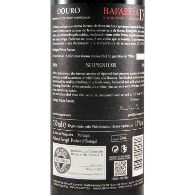 Etiqueta traseira de garrafa de vinho tinto Bafarela 17 Superior Douro com texto e selos de certificação