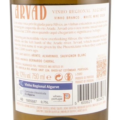 Rótulo de vinho branco Arvad Vinho Regional Algarve 2024 com informações detalhadas