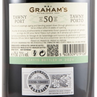 Etiqueta detalhada de vinho do Porto Graham's Tawny 50 anos com texto, código de barras e selo de garantia