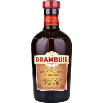 Garrafa de licor Drambuie castanha com rótulo creme e vermelho e tampa vermelha