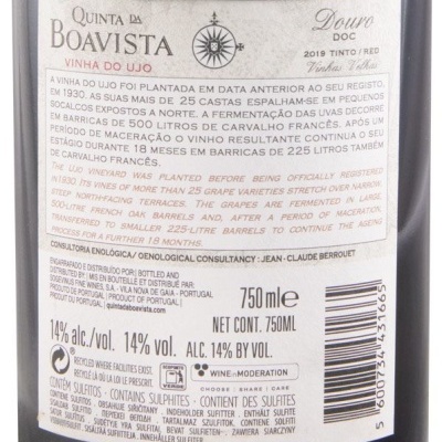 Etiqueta traseira da garrafa de vinho tinto Quinta da Boavista 2019