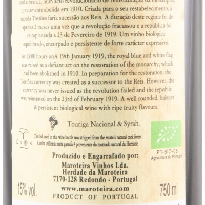 Etiqueta de vinho BIO TOSTÕES 2022 com texto informativo e selo biológico
