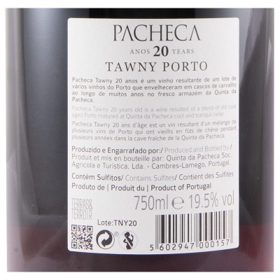 Etiqueta de vinho Pacheca Tawny Porto 20 anos com texto em várias línguas, volume 750ml, 19,5% álcool, código de barras e QR code
