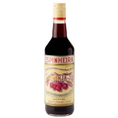 Garrafa de licor de ginja ESPINHEIRA com rótulo creme e tampa de rosca