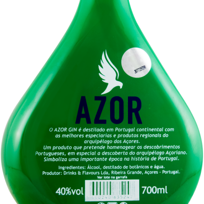 Garrafa verde de Azor Gin com texto informativo em português