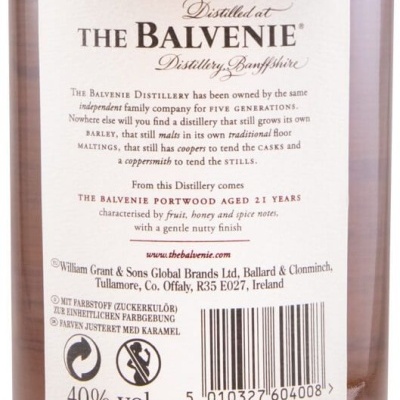 Etiqueta traseira de garrafa de whisky The Balvenie Portwood 21 anos