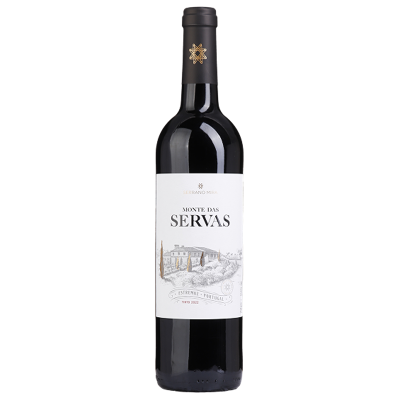 Garrafa de vinho tinto Monte das Servas com rótulo branco e cápsula preta.