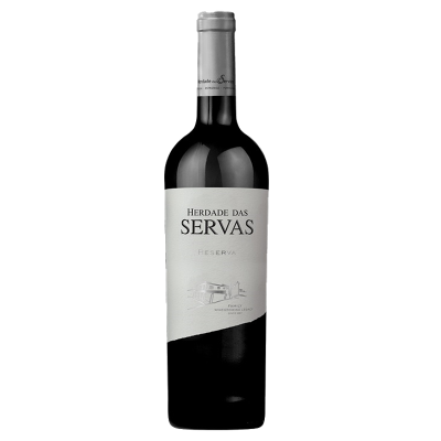 Garrafa de vinho tinto Herdade das Servas Reserva com rótulo branco