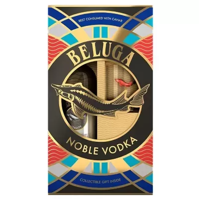 Embalagem de vodka Beluga Noble Vodka com design colorido e peixe esturjão