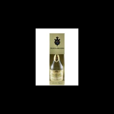 Garrafa de vinho espumante branca em caixa branca com brasão azul e vermelho