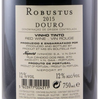 Garrafa de vinho tinto Robustus 2015 Douro com rótulo branco e texto detalhado.