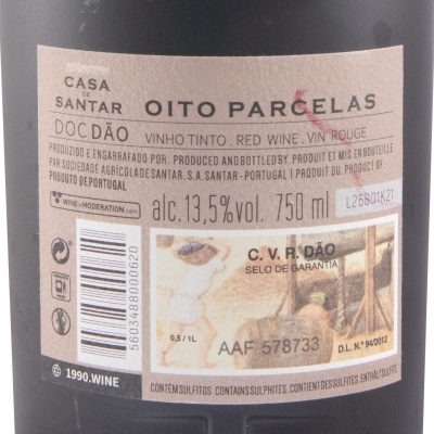 Etiqueta traseira de garrafa de vinho Casa de Santar Oito Parcelas DOC Dão