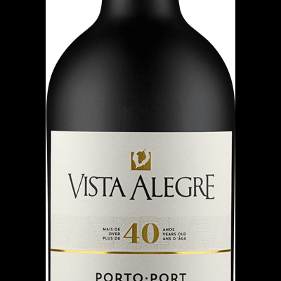 Garrafa de vinho do Porto Vista Alegre Tawny com rótulo branco e cápsula dourada