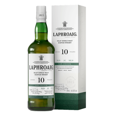 Garrafa e caixa de whisky Laphroaig 10 anos