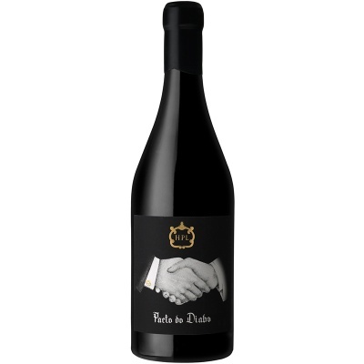 Garrafa de vinho preta com rótulo preto e design de mãos a cumprimentar-se