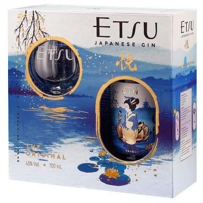 Conjunto ETSU Japanese Gin com garrafa e copo em embalagem azul e dourada