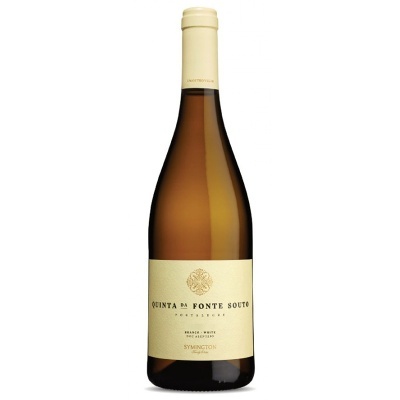 Garrafa de vinho branco Quinta da Fonte Souto com rótulo branco e tampa creme