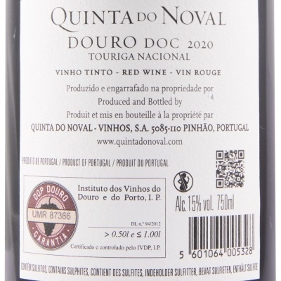 Etiqueta de vinho tinto QUINTA DO NOVAL DOURO DOC 2020 com selo DOP e código QR