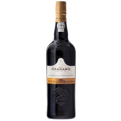 Garrafa de vinho do Porto Graham's com rótulo branco e dourado