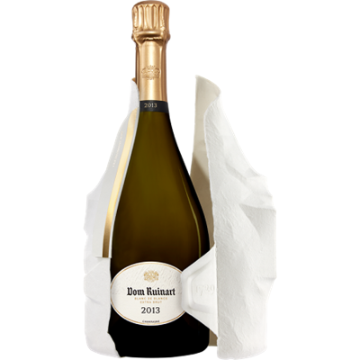 Garrafa de champanhe Dom Ruinart 2013 com embalagem de papel