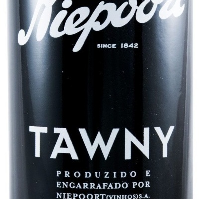 Garrafa preta de vinho do Porto Niepoort Tawny com texto branco