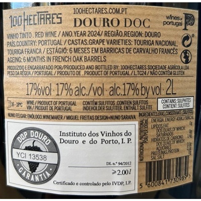 Rótulo de vinho tinto 100 Hectares Douro DOC 2024, 17% álcool, 2L, sulfitos, certificado IVDP
