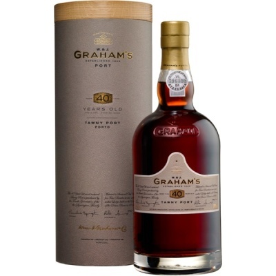 Garrafa de vinho do Porto Graham's Tawny 40 anos com embalagem cilíndrica castanha