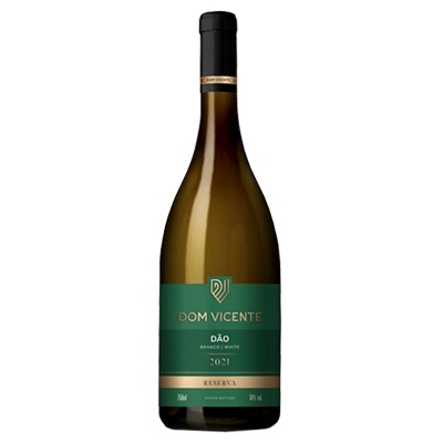 Garrafa de vinho branco Dom Vicente 2021 com rótulo verde e dourado