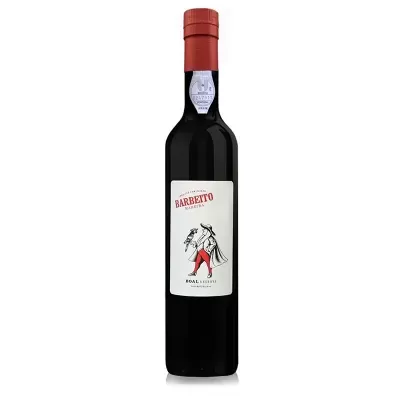Garrafa de vinho tinto Barbeito Madeira com rótulo branco e ilustração