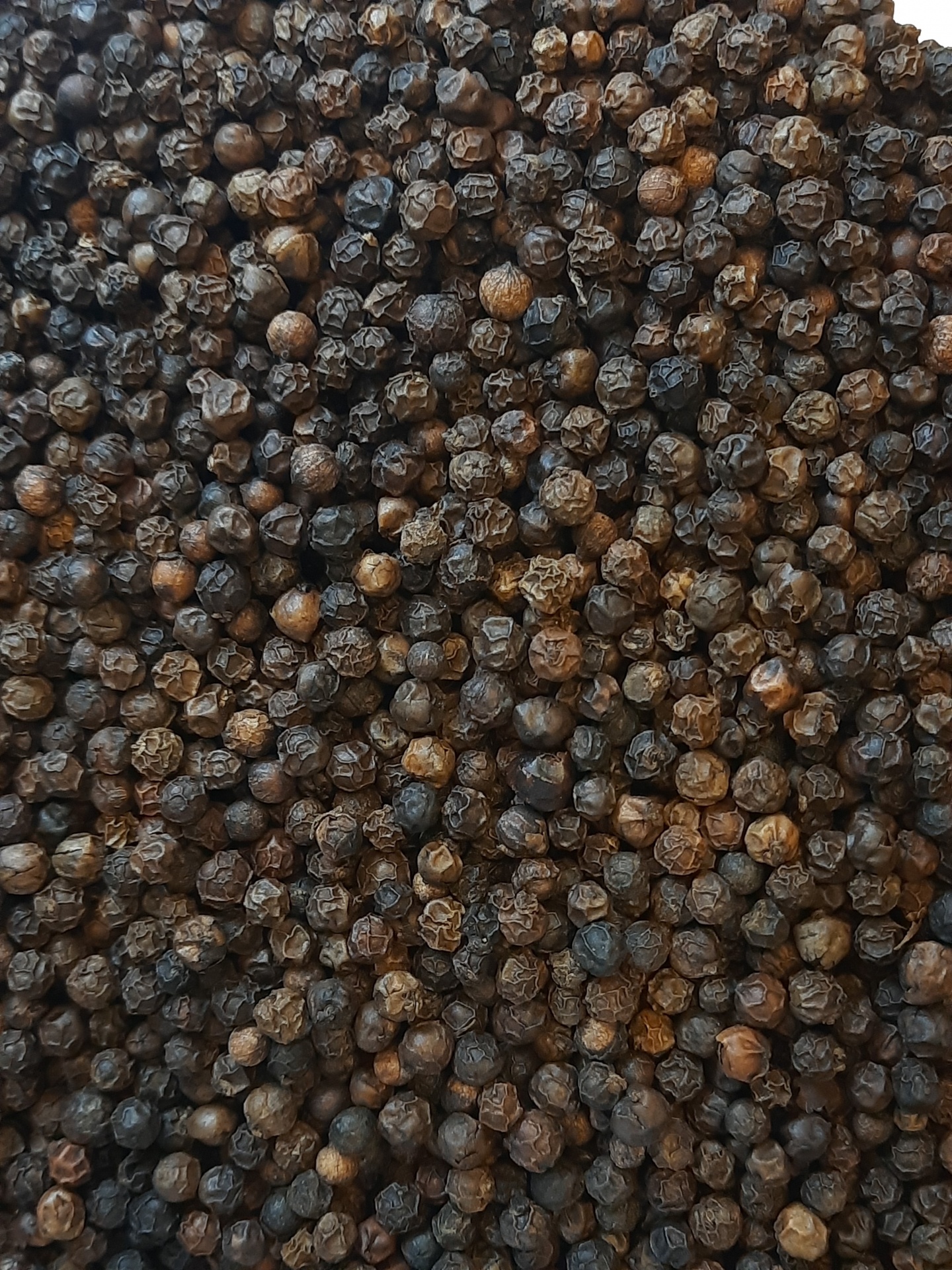 Grãos inteiros de pimenta preta com textura rugosa e cor preta e castanha.