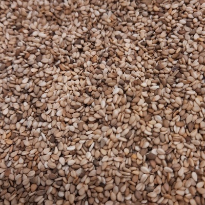 Sementes de sésamo bege a castanhas com textura granulada