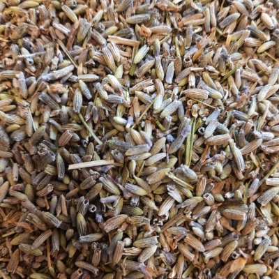 Sementes secas castanhas e lilás com textura rugosa