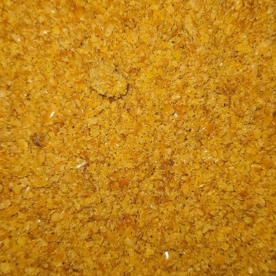 Produto alimentar granulado amarelo alaranjado semelhante a farelo de milho