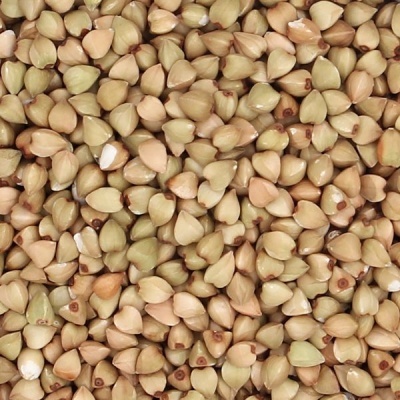 Trigo sarraceno cru com grãos pequenos e triangulares em tons de bege, castanho e verde claro.