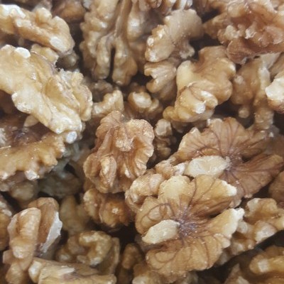 Várias nozes descascadas castanho claro e escuro com textura enrugada