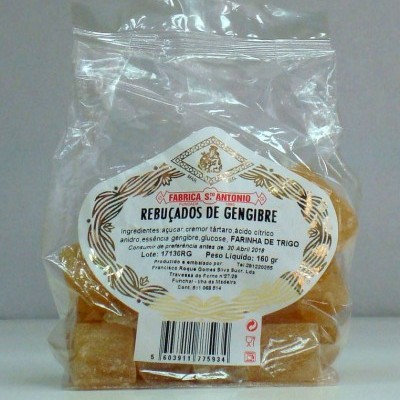 Pacote de rebuçados de gengibre com rótulo branco e dourado