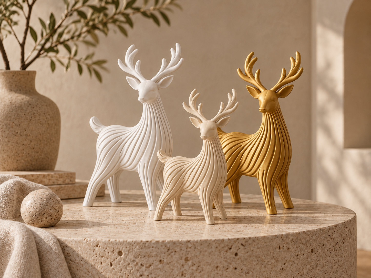 Veado Decorativo Estilo Japandi Três esculturas de veados em resina com design ondulado em branco, bege e dourado sobre mesa redonda de pedra