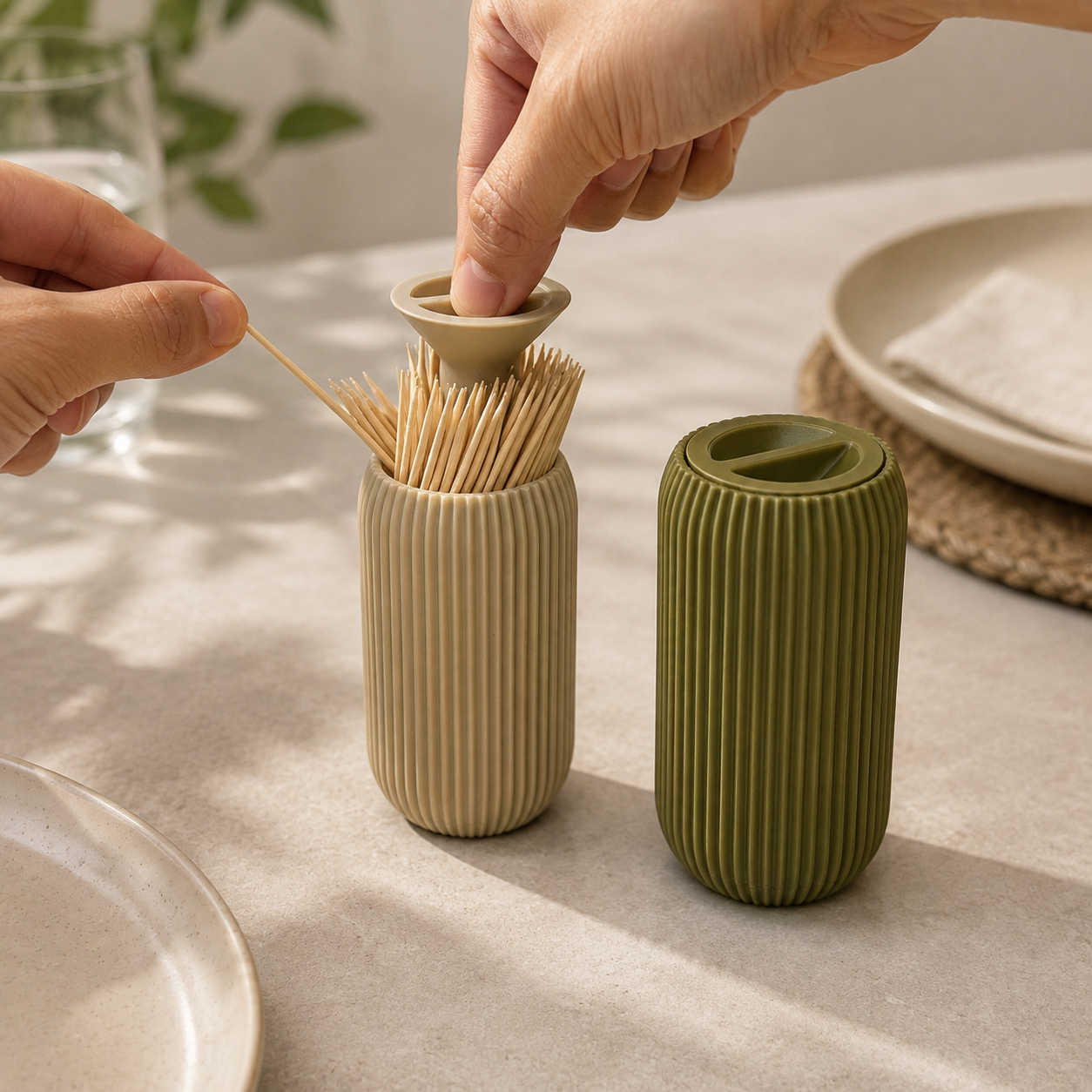 Dispensador de Palitos Minimalista Dois dispensadores de plástico com textura canelada para palitos de dente, um aberto com palitos e outro fechado numa mesa clara.